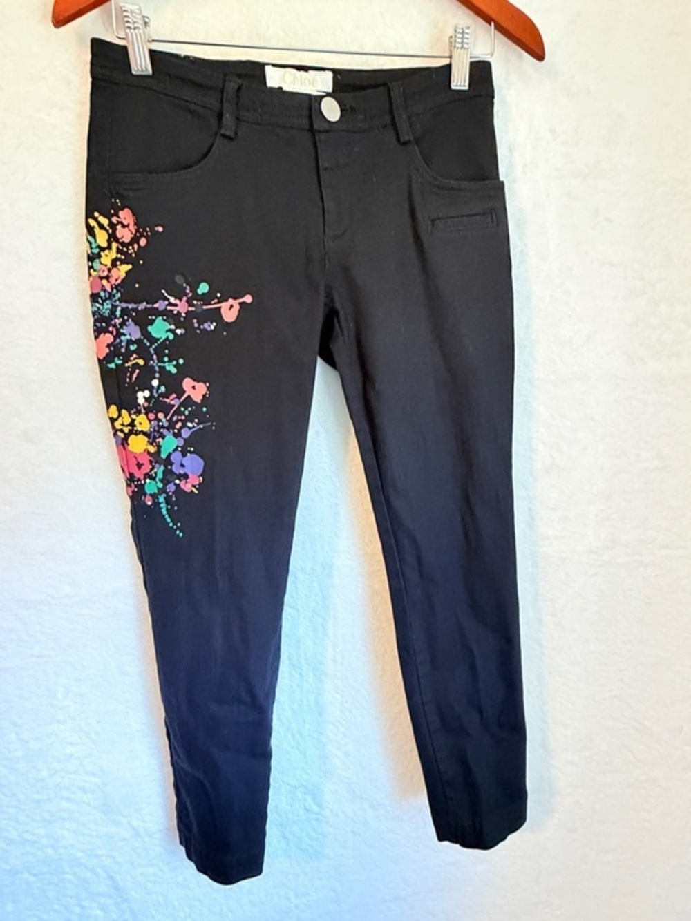 Vintage Chloé Paint Splatter Skinny Cropped Pants Black Designer Art Jeans 28